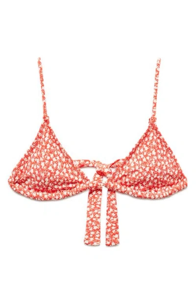 Mango Floral Print Triangle Bikini Top In Red And White