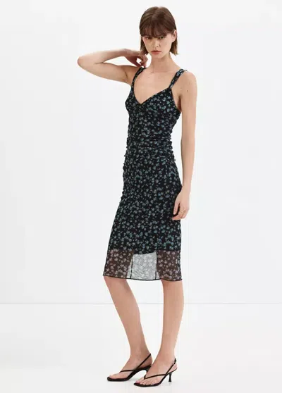 Mango Floral Print Tulle Dress In Black
