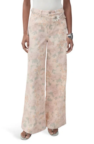 Mango Floral Print Wide Leg Jeans In Neutral