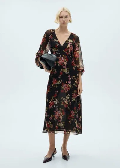 Mango Floral Puff Sleeve Dress Black