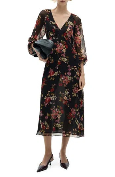 Mango Floral Puff Sleeve Maxi Dress In Black