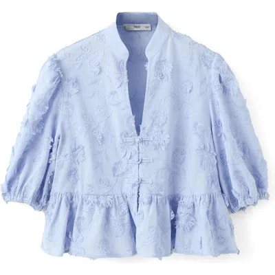 Mango Floral Puff Sleeve Peplum Top In Blue