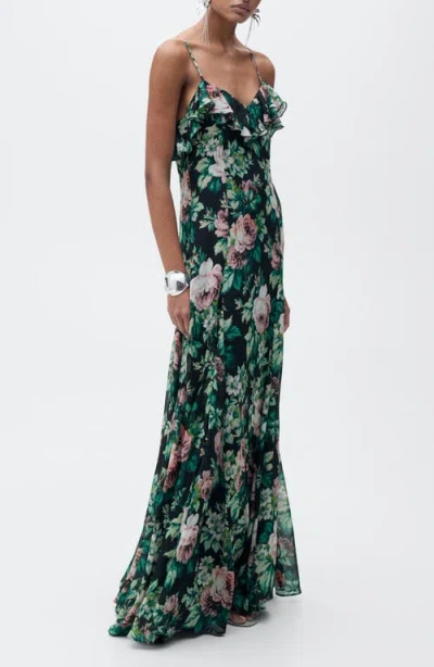 Mango Floral Ruffle Detail Dress In Black