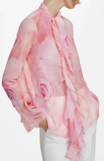 Mango Floral Ruffle Tie Neck Button-up Top In Light Pastel Pink