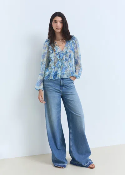 Mango Floral Ruffled Blouse Sky Blue