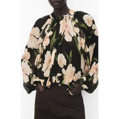 Mango Semi-transparent Floral Blouse In Black