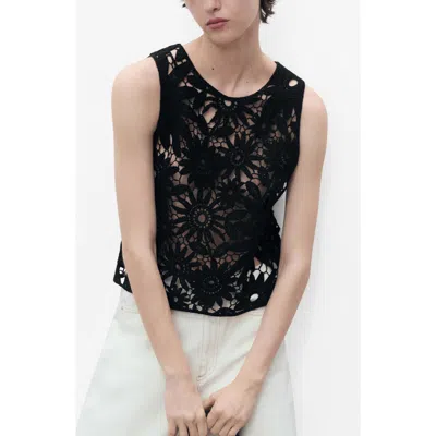 Mango Floral Sheer Cotton Blend Lace Tank Top In Black