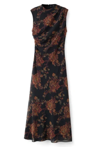 Mango Floral Shirred Dress In Brown