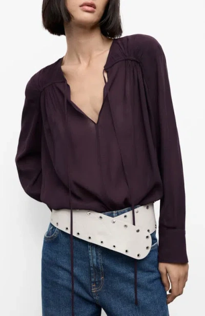 Mango Floral Shirred Yoke Top In Burgundy
