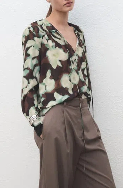 Mango Floral Shirred Yoke Top In Green