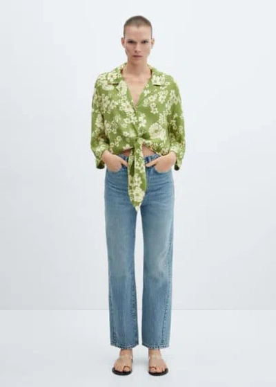 Mango Floral Shirt With Knot Green