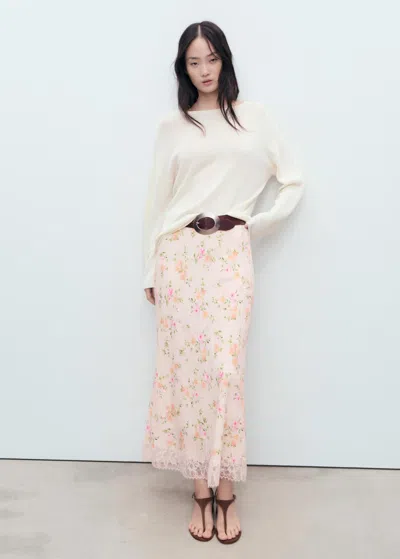 Mango Floral Skirt With Lace Detail Pastel Pink
