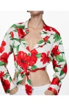 Mango Floral Tie Front Crop Button-up Shirt In Red