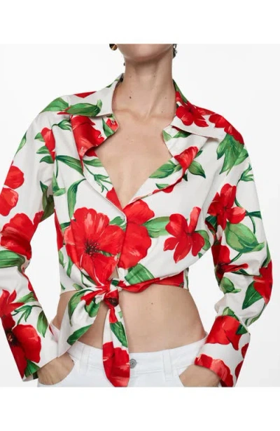 Mango Floral Tie Front Crop Button-up Shirt In Red