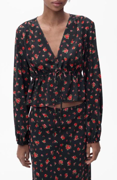 Mango Floral Tie Front Top In Black