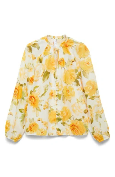 Mango Floral Tie Neck Button-up Top In Yellow