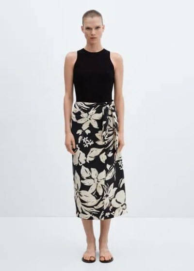Mango Floral Wrapped Skirt Black In Black