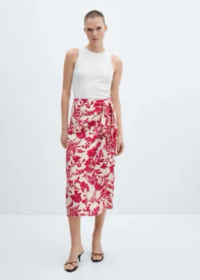 MANGO FLORAL-PRINT WRAP SKIRT CORAL RED