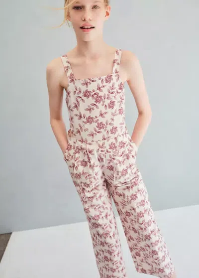 Mango Kids' Floral-print Cotton Jumpsuit In Ecru