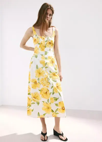 Mango Floral-print Dress With Gathered Waist In Yellow