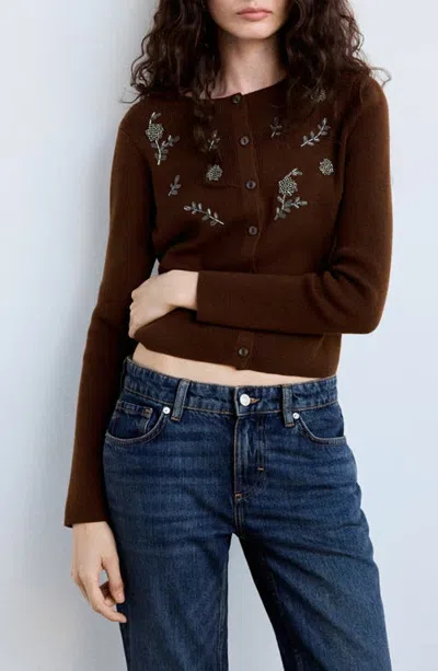 Mango Florcita Beaded Embroidered Cardigan In Brown