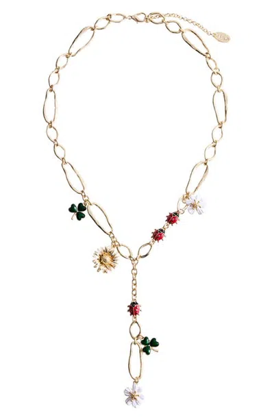 Mango Flower And Ladybug Charm Y-necklace In Gold