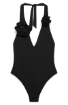 Mango Flower Detail Halter One-piece Swimsuit In Black
