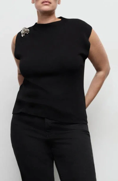 Mango Flower Embellished Knit Shell In Black