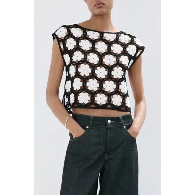 Mango Flower Embellished Openwork Sweater In Black