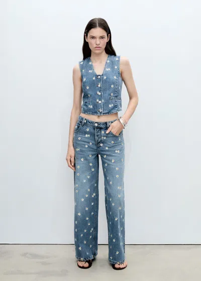 Mango Flower Embroidered Crop Vest Medium Blue