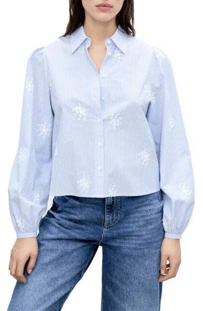 Mango Flower Embroidered Stripe Shirt In Sky Blue