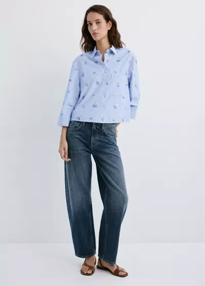 Mango Flower Embroidered Striped Shirt In Blue