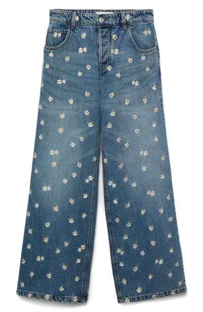 MANGO MANGO FLOWER EMBROIDERED WIDE LEG JEANS