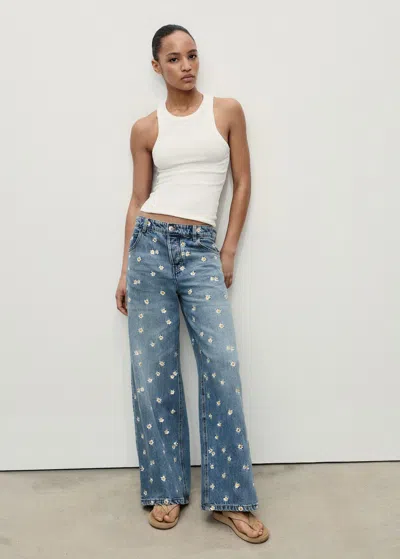 Mango Flower-embroidered Wide-leg Jeans Medium Blue