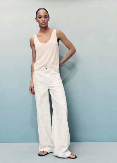 Mango Flower-embroidered Wide-leg Jeans Off White