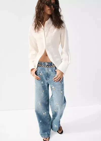 Mango Flower-embroidered Straight-fit Jeans In Blue