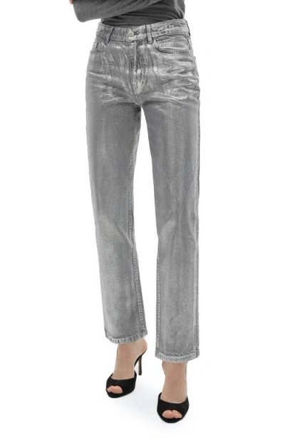 Mango Foil High Waist Straight Leg Jeans In Silver