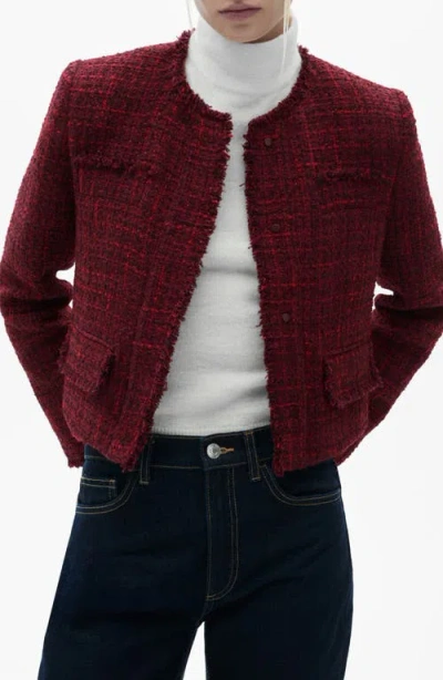 Mango Fray Ends Crop Tweed Jacket In Cherry