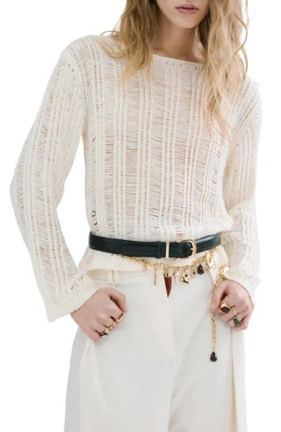 Mango Fray Open Knit Sweater In Neutral