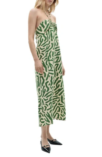 Mango Frill Print Cotton Midi Dress In Green
