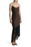 Mango Scoop Neck Satin Dress With Fringe Hem In Brown