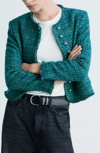 Mango Fringe Trim Tweed Jacket In Petrol Blue