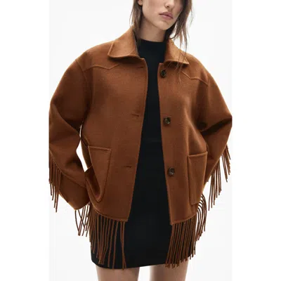 Mango Fringed Wool Blend Coat In Tobacco Brown