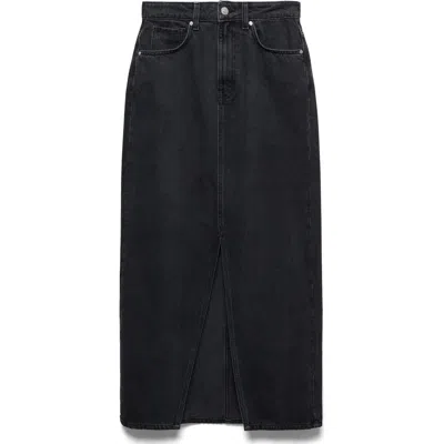 Mango Front Slit Denim Midi Skirt In Black