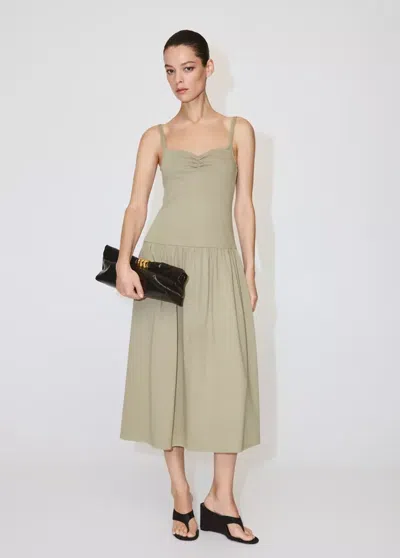 Mango Full Dress With Ruched Neckline In Khaki