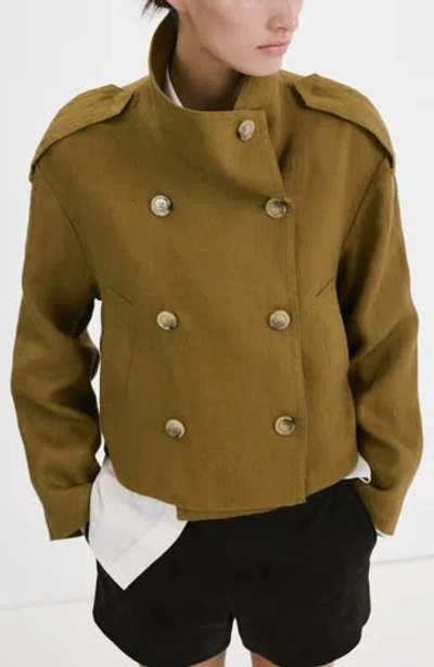 Mango Funnel Neck Linen Jacket In Green