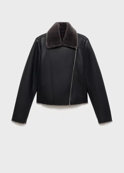 Mango Veste Biker Imitation Fourrure Noir - Femme - Xl -  In Black