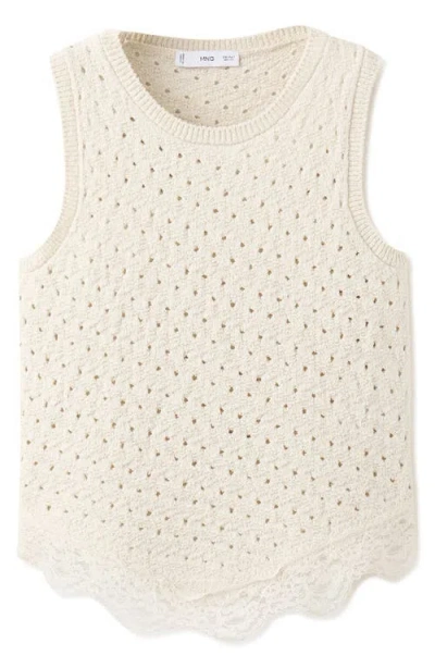 Mango Gala Lace Trim Sleeveless Pointelle Sweater In White