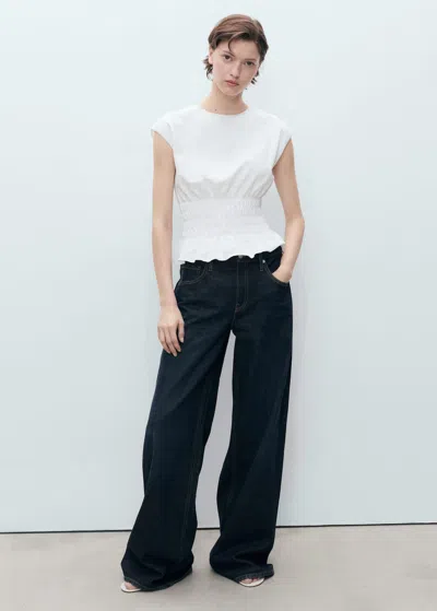 Mango T-shirt Froncé Coton Blanc - Femme - L -