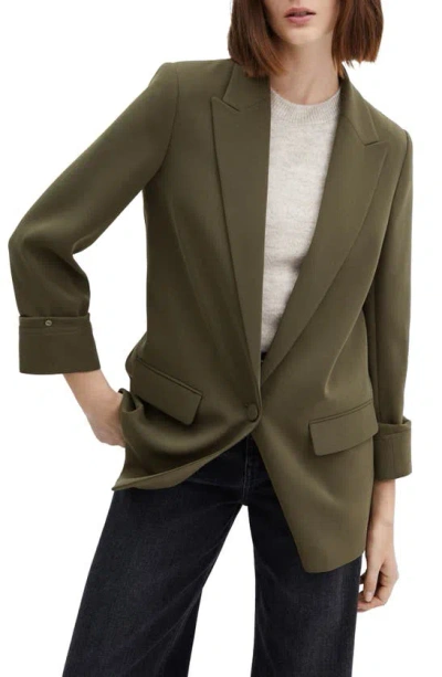 Mango Gathered Sleeve Blazer In Khaki Green